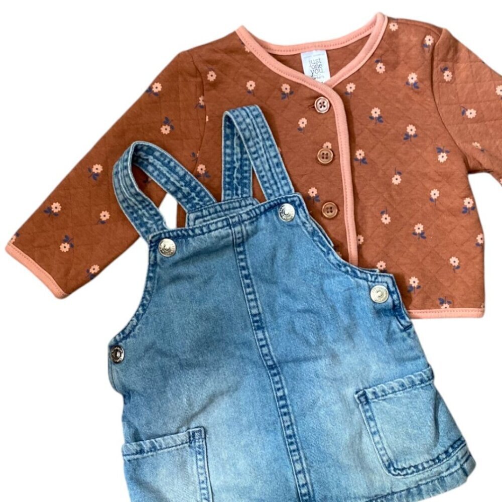 Baby Girl Outfit - Carter's Floral Quilted Jacket & H&M Denim Dress - 6 Months